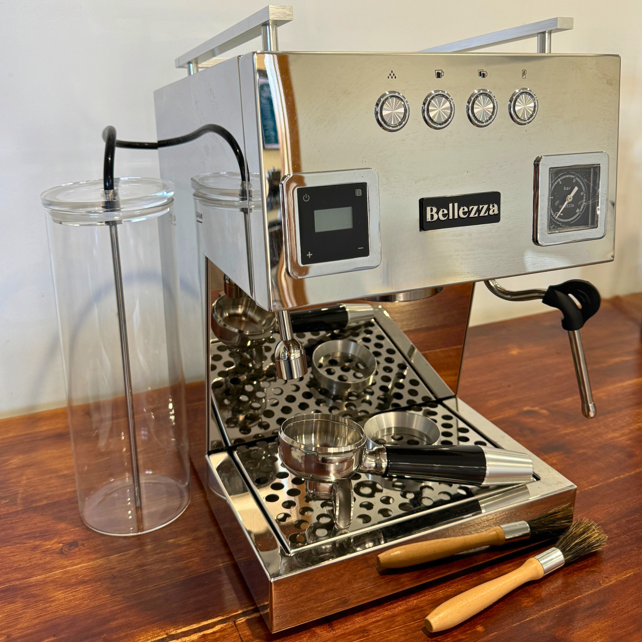 the Bellona espresso machine sitting on a bench