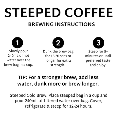 Instructional graphic titled 'STEEPED COFFEE BREWING INSTRUCTIONS' with three numbered steps and a tip for brewing stronger coffee, plus a note for steeped cold brew.
